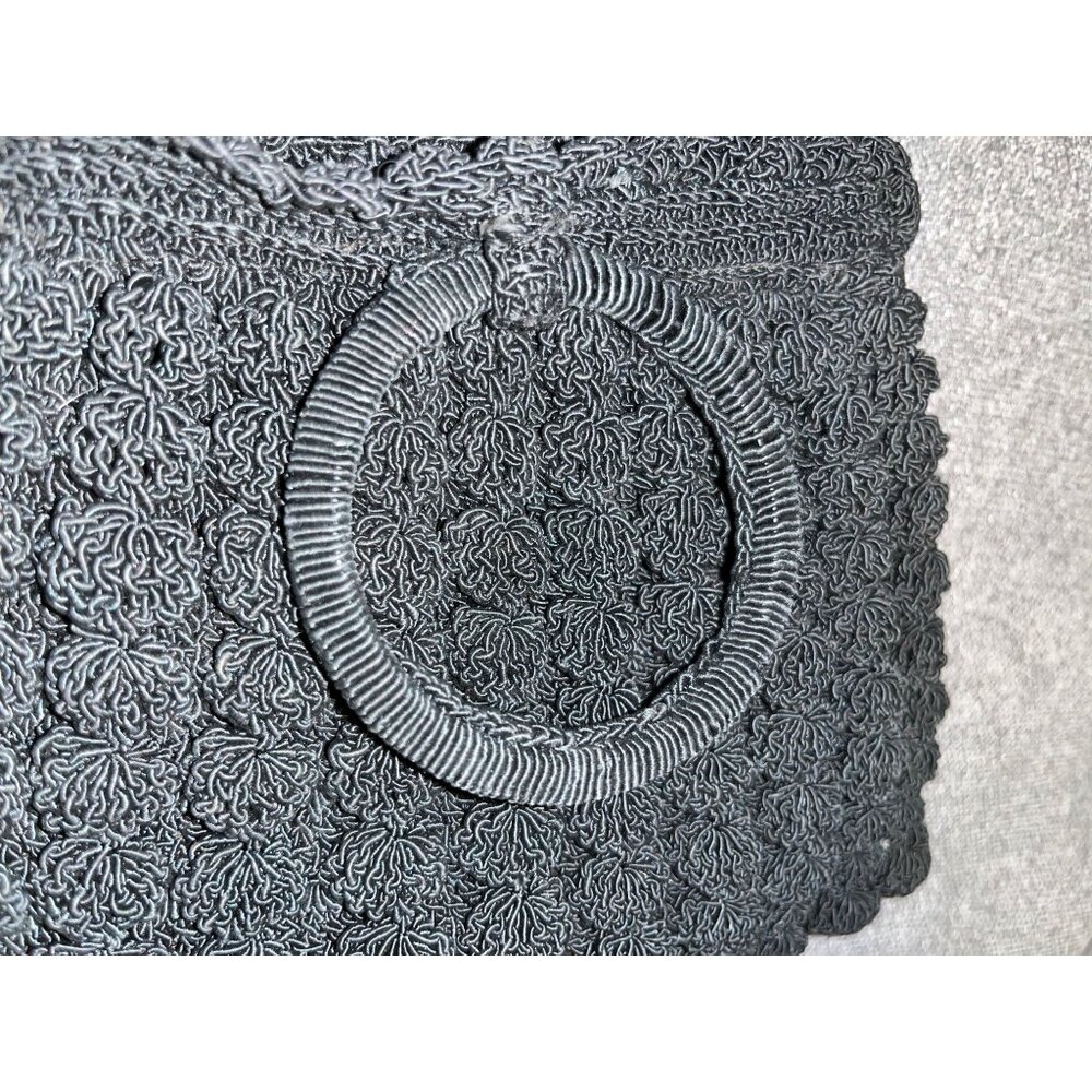 Vintage Black Crocheted Popcorn Stitch Handbag Small Purse Mid Century Used - Picture 12 of 16